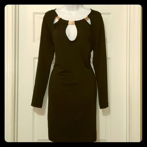 VENUS Black Long Sleeve Cutout Bodycon Dress with Gold Accent